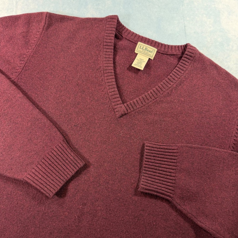 LL Bean V-Neck Sweater Mens Large Burgundy Excellent Lambswool Blend 0BHX2